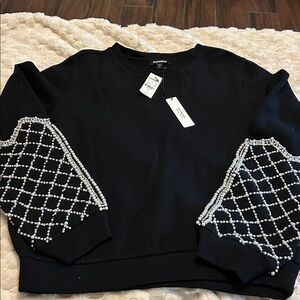 Express black sweatshirt with faux pearls and faux diamonds